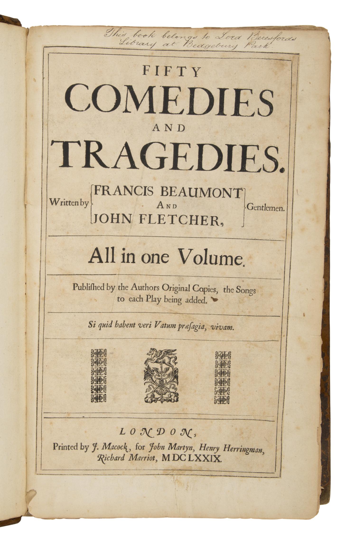 Beaumont, Francis (1584-1616) and John Fletcher (1579-1625). Fifty Comedies and Tragedies . London: J. Macock, for John Martyn, Henry Herringman, Richard Marriot, 1679.