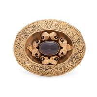 ETRUSCAN REVIVAL, GOLD-FILLED AND GARNET BROOCH
