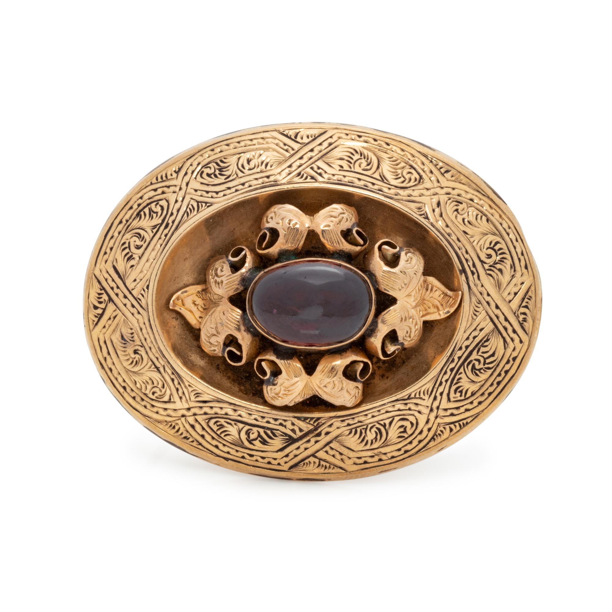 ETRUSCAN REVIVAL, GOLD-FILLED AND GARNET BROOCH
