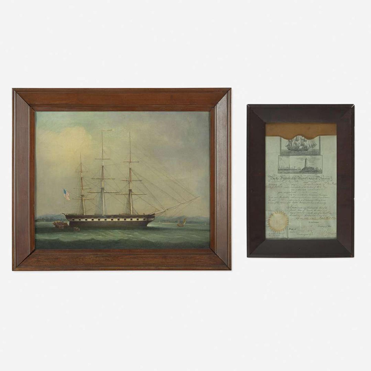 Chinese School 19th century Portrait of the Ship "Southerner", circa 1835, together with Andrew Jackson Signed Ship's Passport