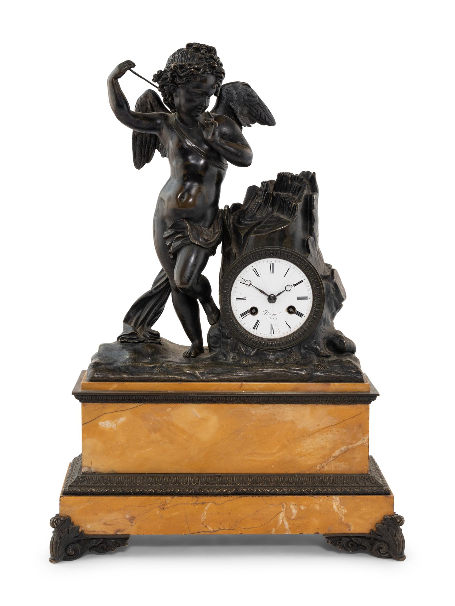 An Assembled French Marble and Bronze Five-Piece Clock Garniture