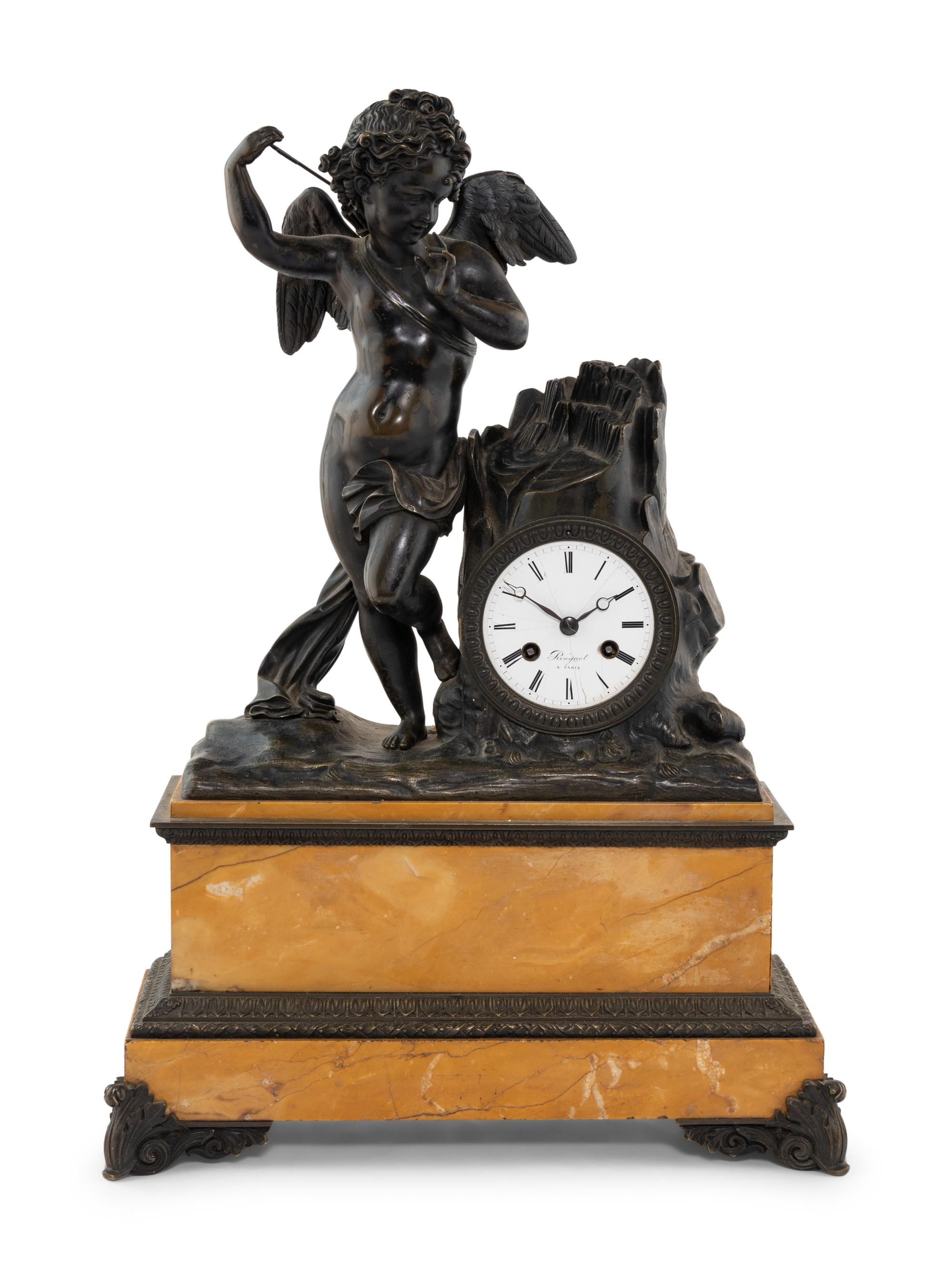 An Assembled French Marble and Bronze Five-Piece Clock Garniture