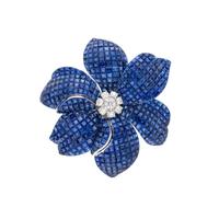 WHITE GOLD, INVISIBLY-SET SAPPHIRE AND DIAMOND FLOWER PENDANT/BROOCH