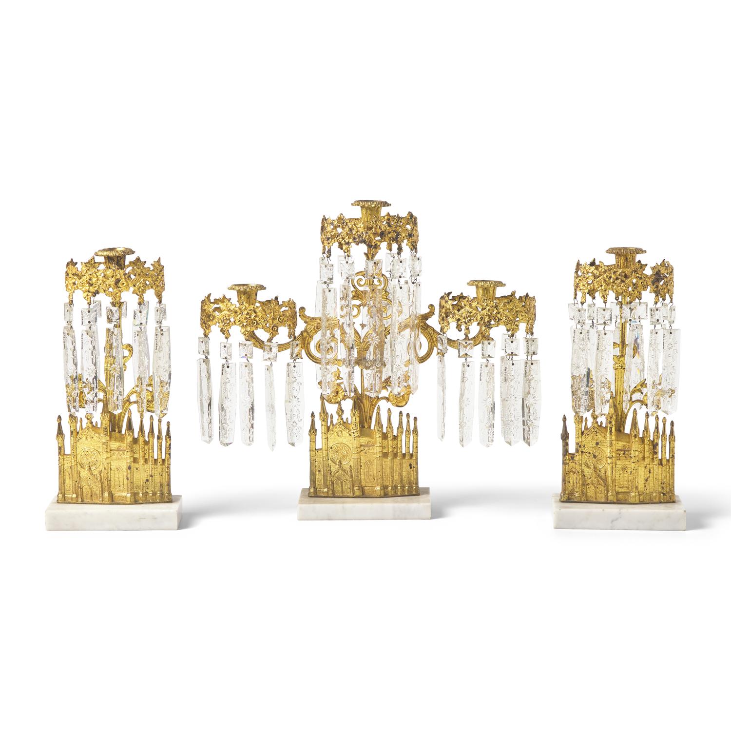 A Three-Piece Cast Brass, Marble, and Glass Girandole Garniture Depicting Bigelow Chapel at Mount Auburn Cemetery, Cambridge, Massachusetts