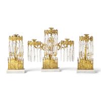 A Three-Piece Cast Brass, Marble, and Glass Girandole Garniture Depicting Bigelow Chapel at Mount Auburn Cemetery, Cambridge, Massachusetts