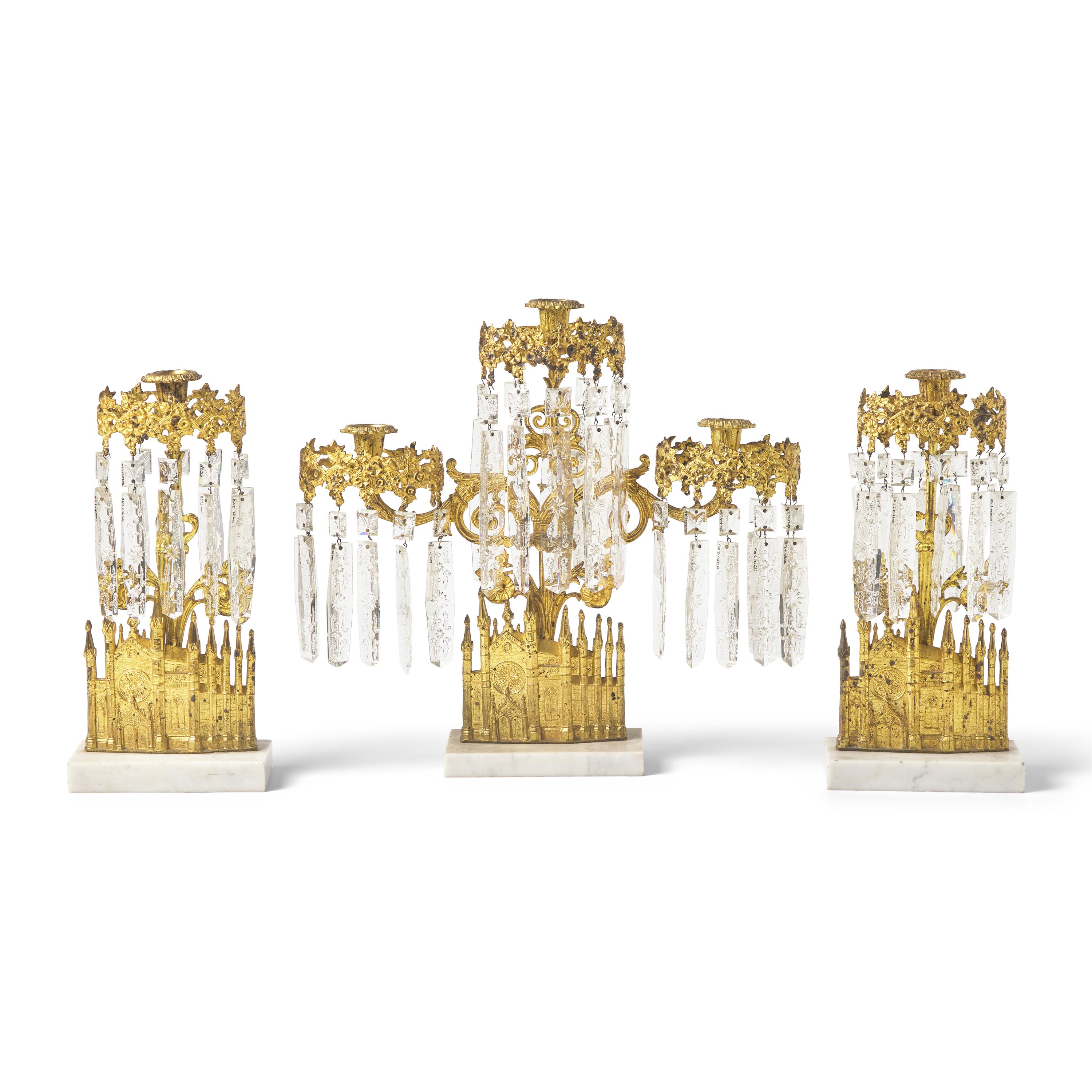 A Three-Piece Cast Brass, Marble, and Glass Girandole Garniture Depicting Bigelow Chapel at Mount Auburn Cemetery, Cambridge, Massachusetts