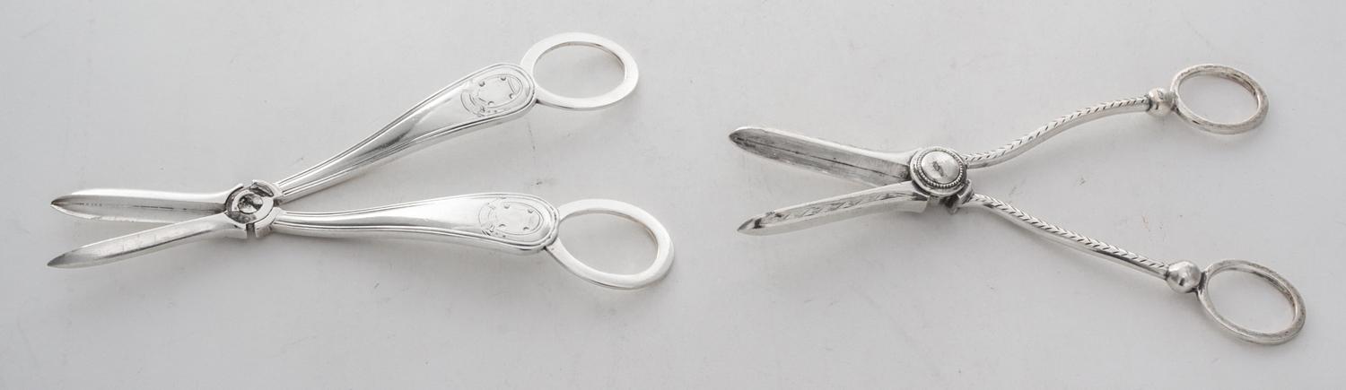 A Pair of English Silver Grape Shears, Martin, Hall & Co., Sheffield, Circa 1870, together with an associated silver-plate pair.