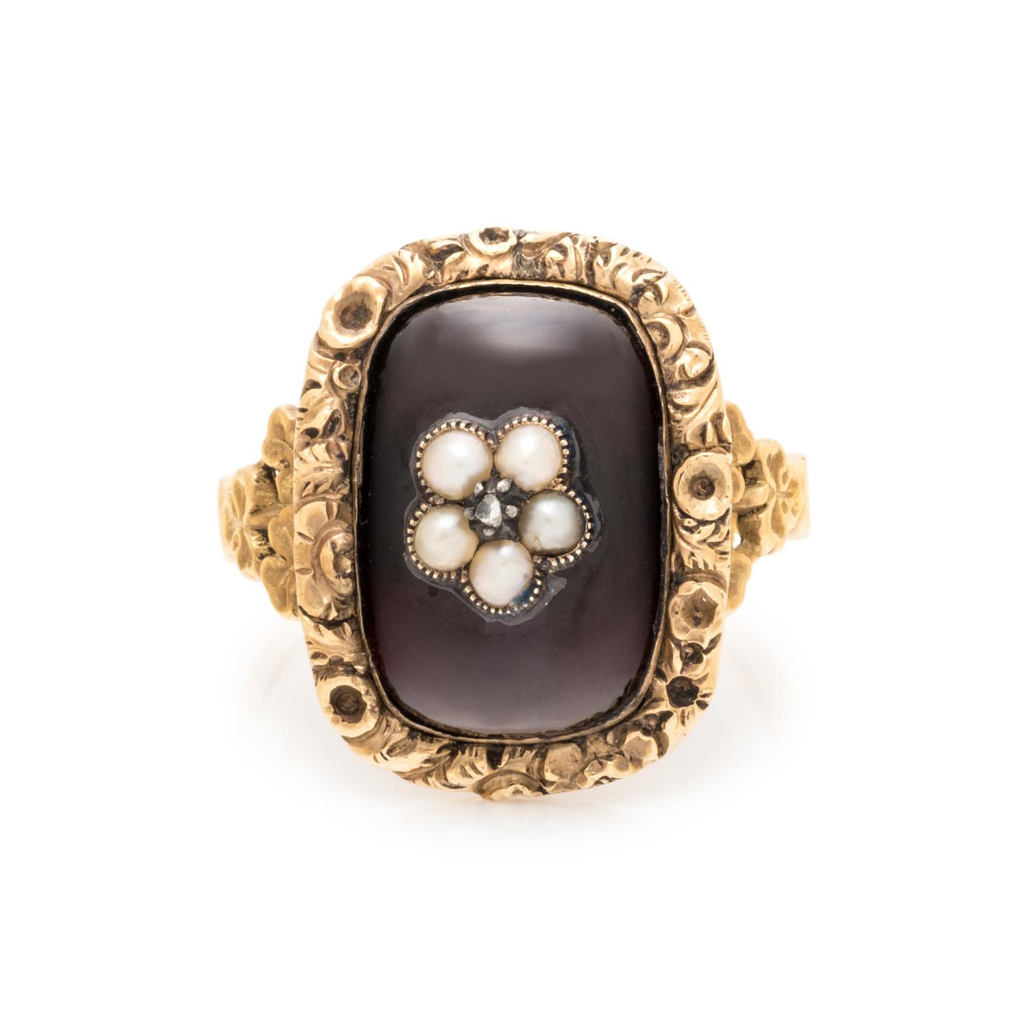 GARNET AND SEED PEARL RING