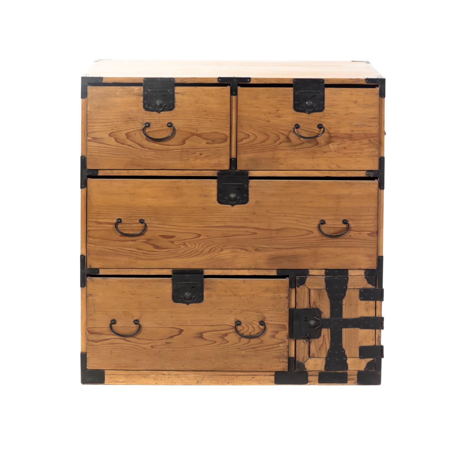 A Japanese Iron-Bound Tansu Height 34 1/2 x width 33 1/2 x depth 16 1/2 inches.