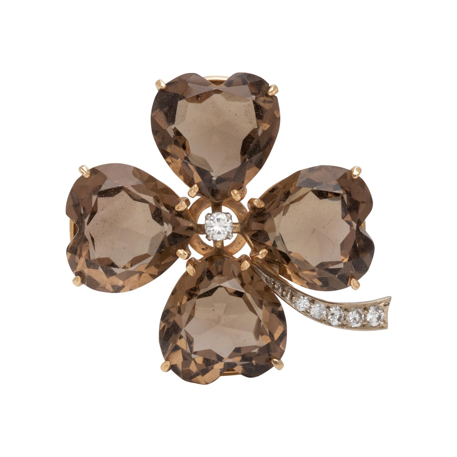 SMOKY QUARTZ AND DIAMOND FOUR LEAF CLOVER BROOCH