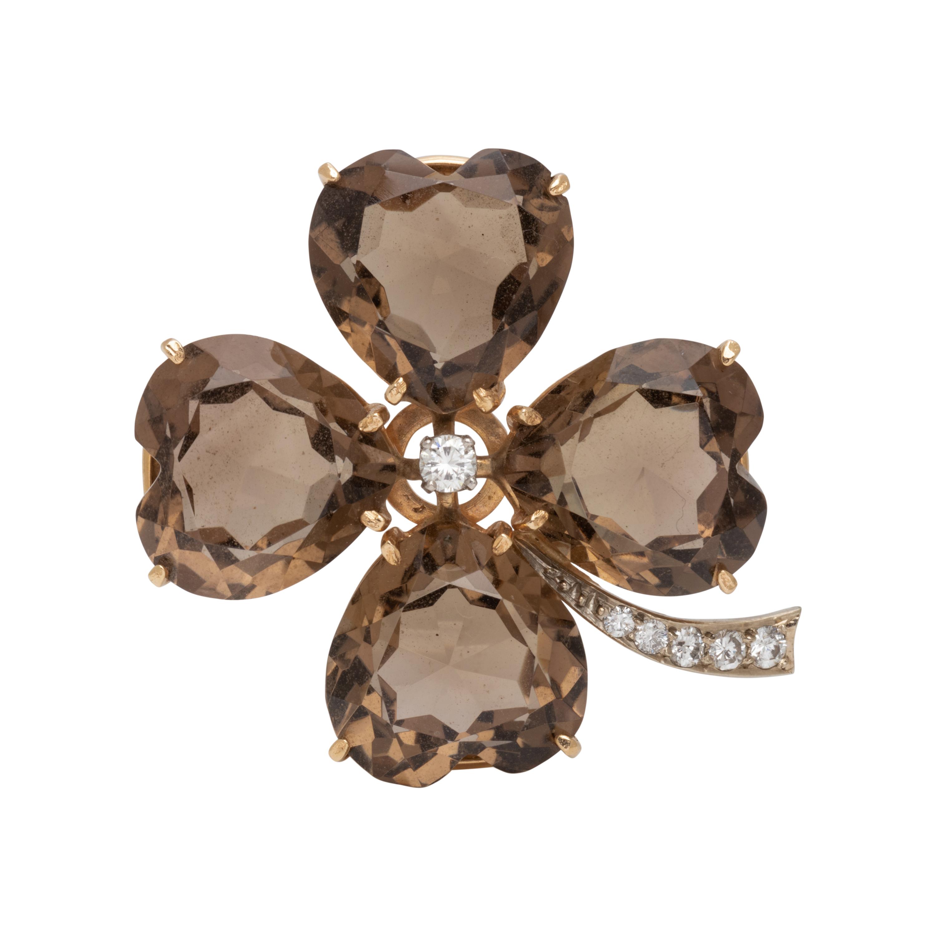 SMOKY QUARTZ AND DIAMOND FOUR LEAF CLOVER BROOCH