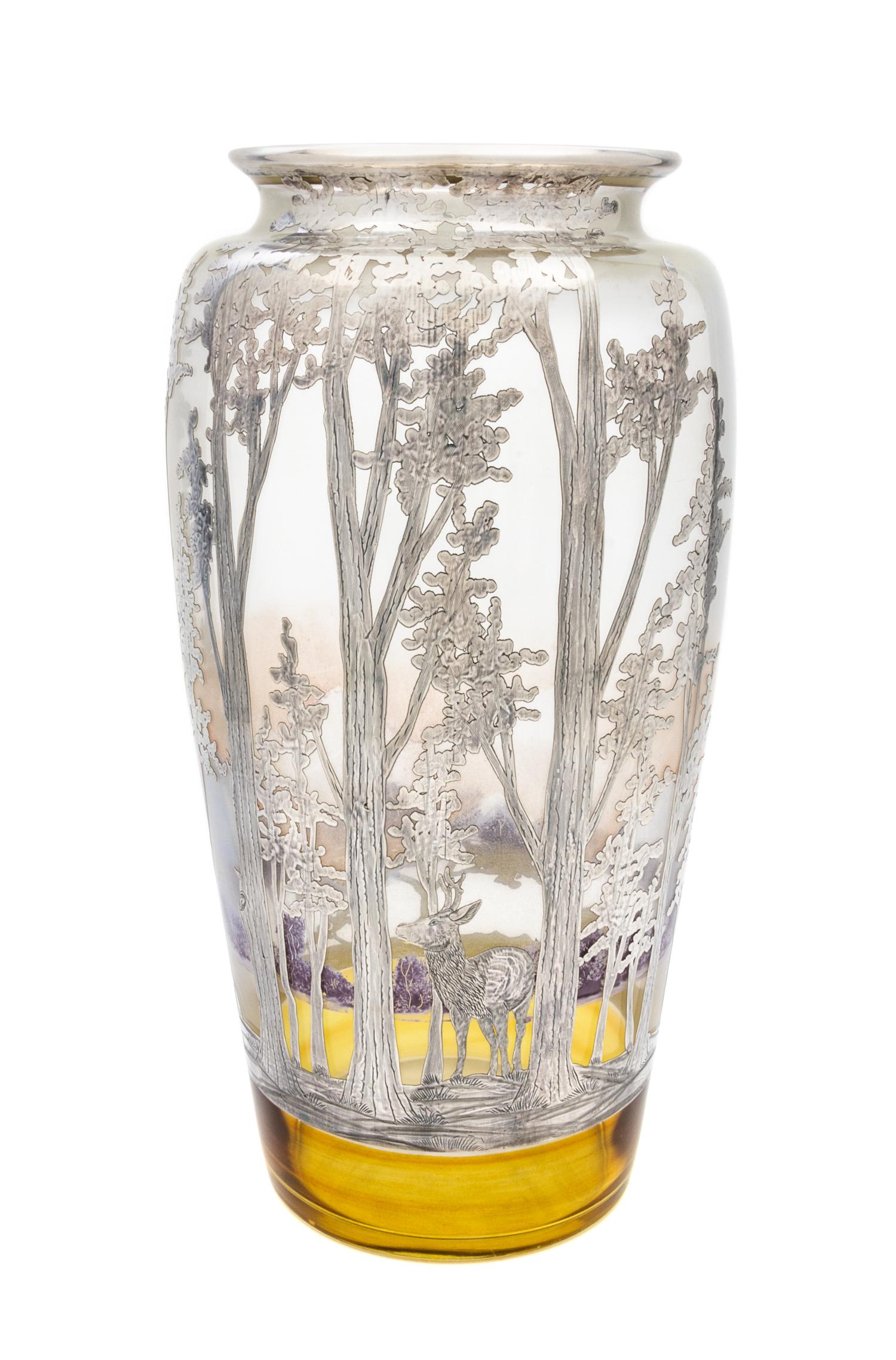 A Large Rockwell Silver Overlay Glass Landscape Vase Height 14 1/8 inches.