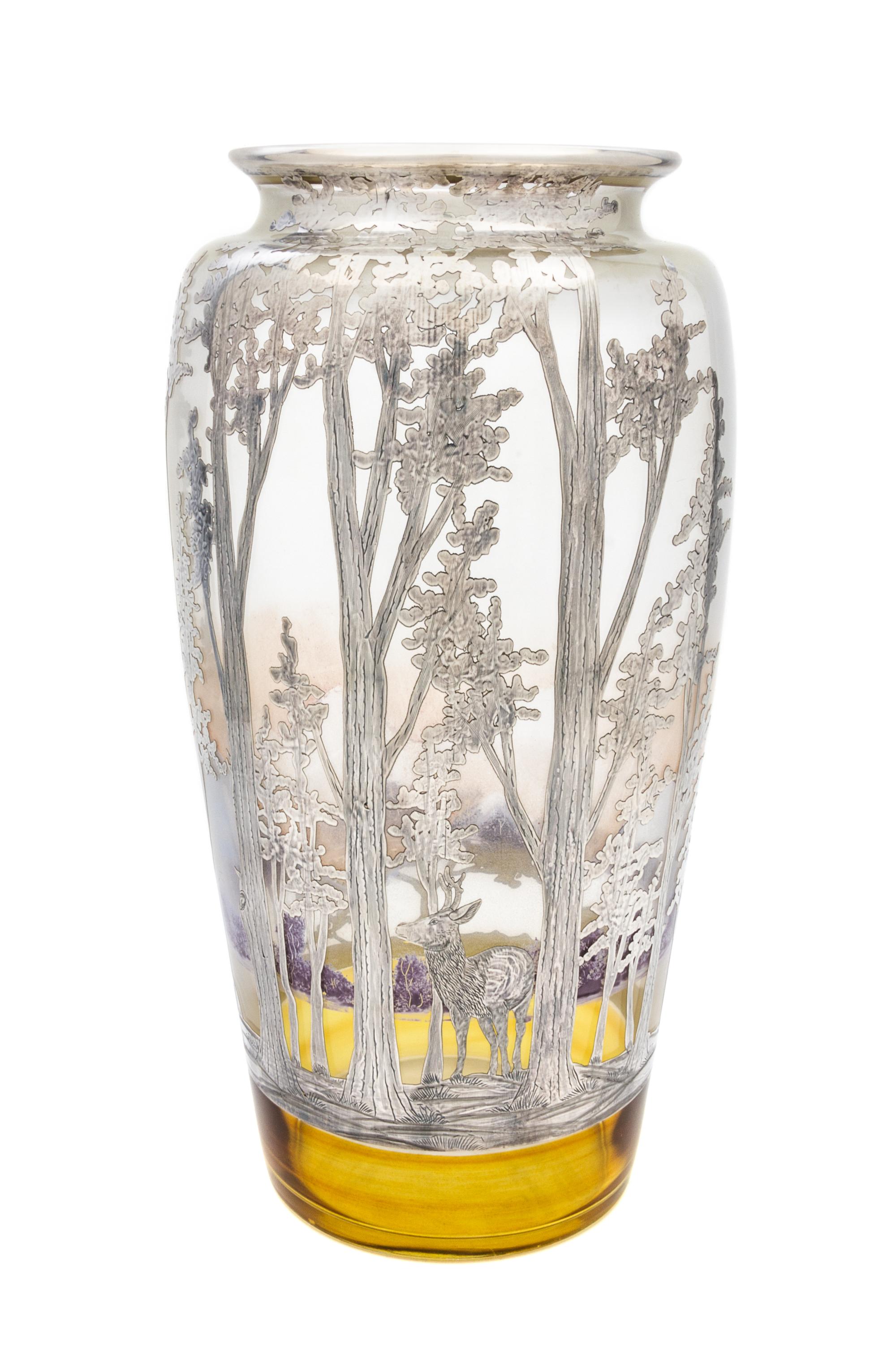 A Large Rockwell Silver Overlay Glass Landscape Vase Height 14 1/8 inches.