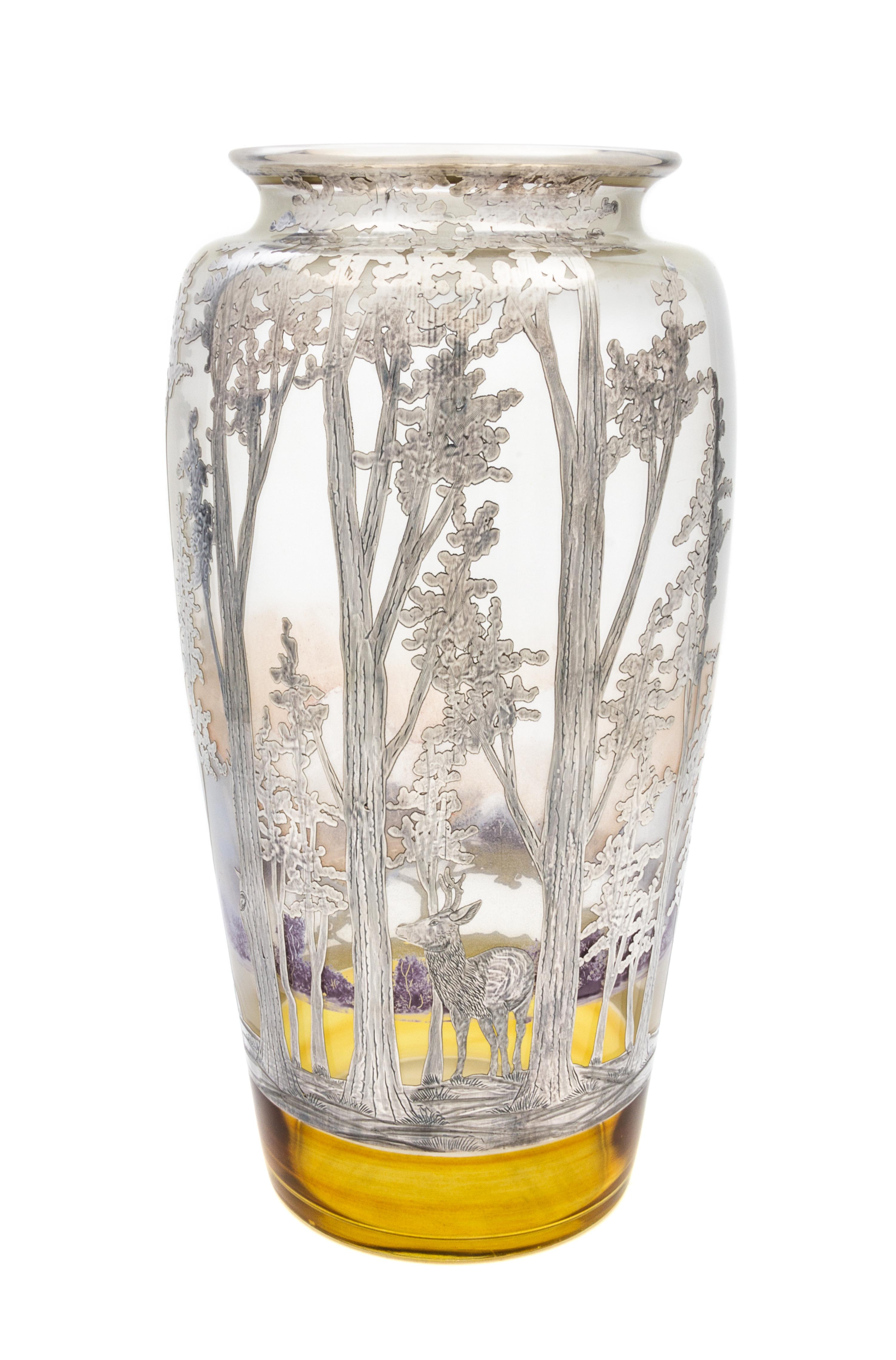A Large Rockwell Silver Overlay Glass Landscape Vase Height 14 1/8 inches.