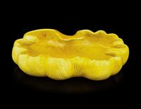 A Chinese Yellow Glazed Porcelain Lotus Leaf-Form Ink Palette