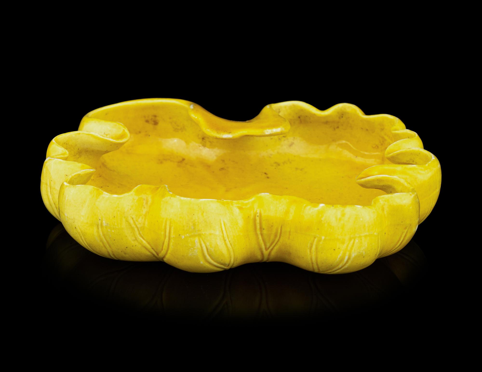 A Chinese Yellow Glazed Porcelain Lotus Leaf-Form Ink Palette