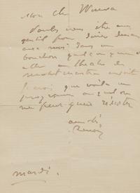 RENOIR, Pierre Auguste (1841-1919). Autograph letter signed ("Renoir"), in French, to "Mon Ch Wireva?". N.p., n.d.