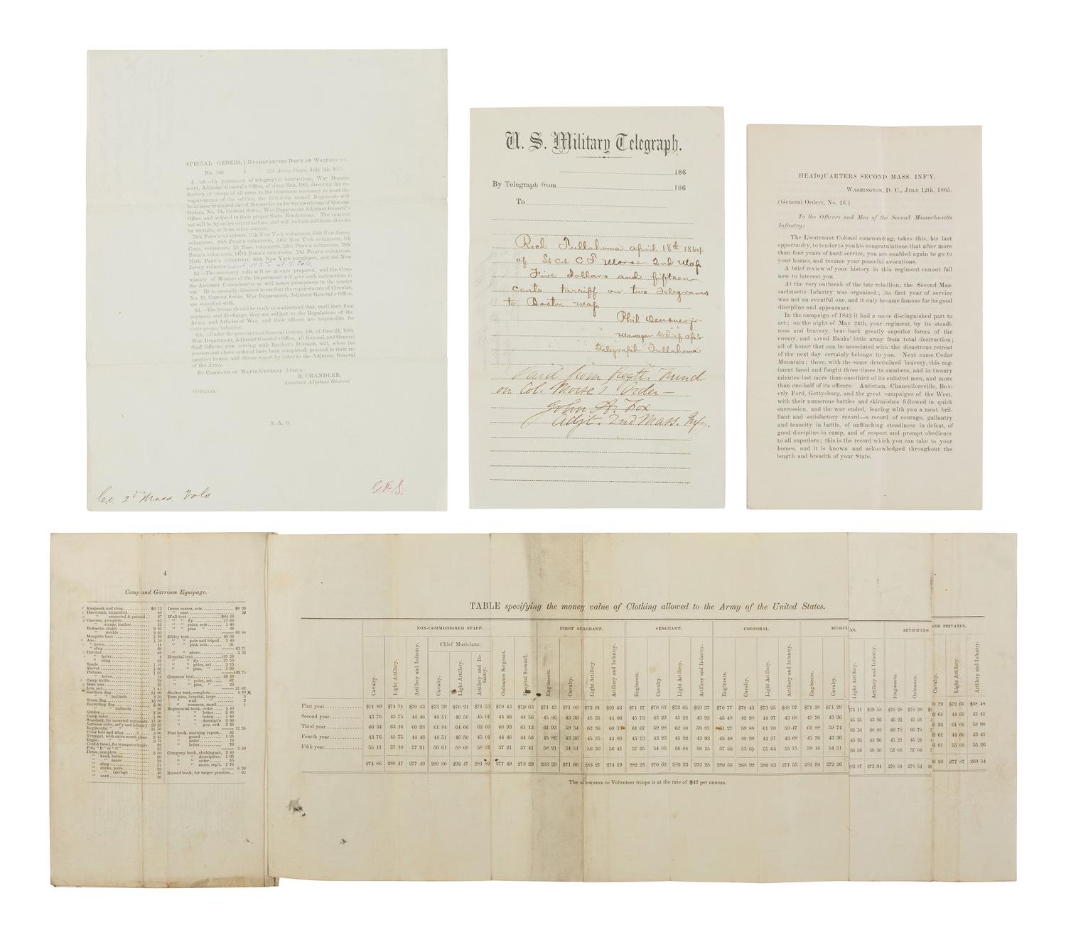 [CIVIL WAR]. War-date documents involving the 2nd Massachusetts Infantry.