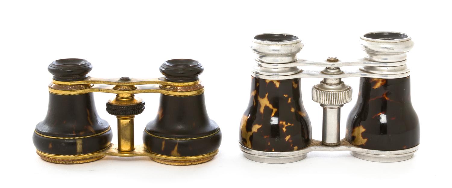 Two Tortoise Shell Veneered Opera Glasses, Width of first 4 1/4 inches.
