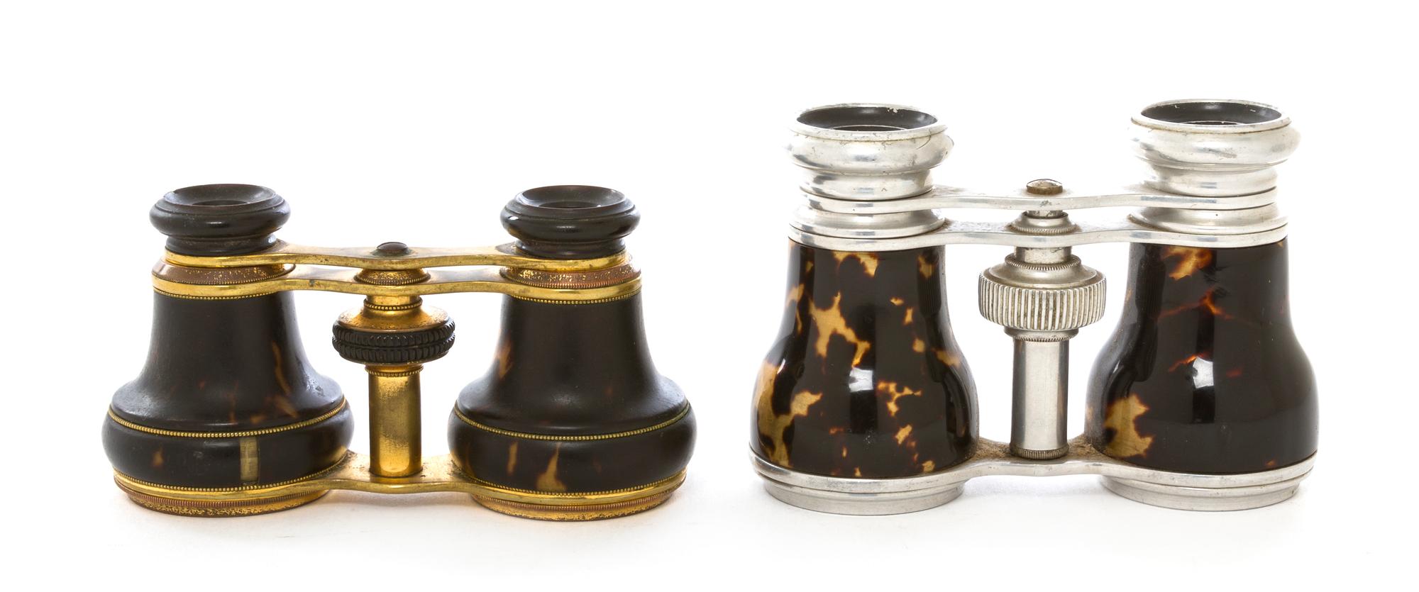 Two Tortoise Shell Veneered Opera Glasses, Width of first 4 1/4 inches.