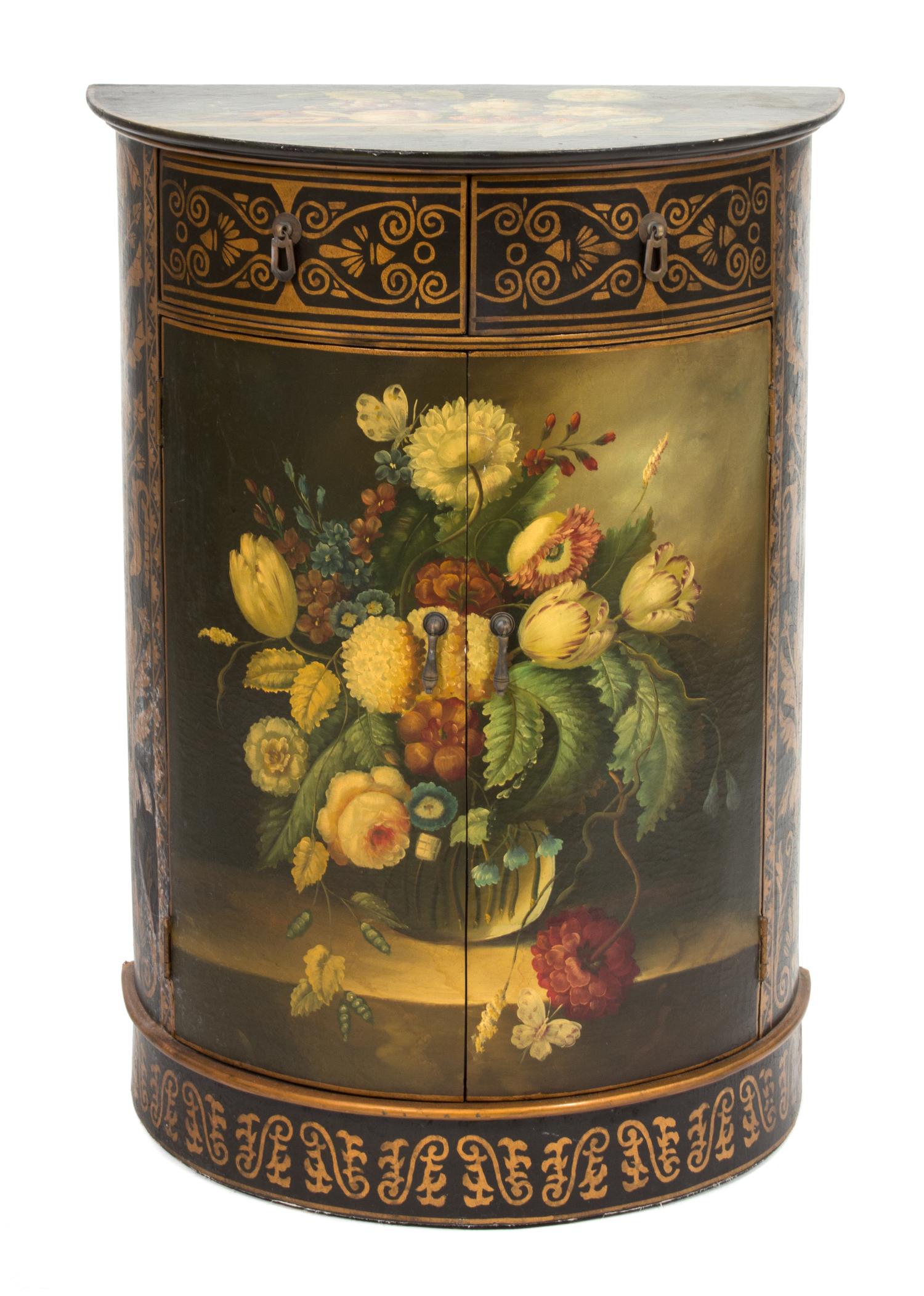 A Painted Demilune Console Cabinet Height 33 x width 23 1/2 x depth 13 inches.