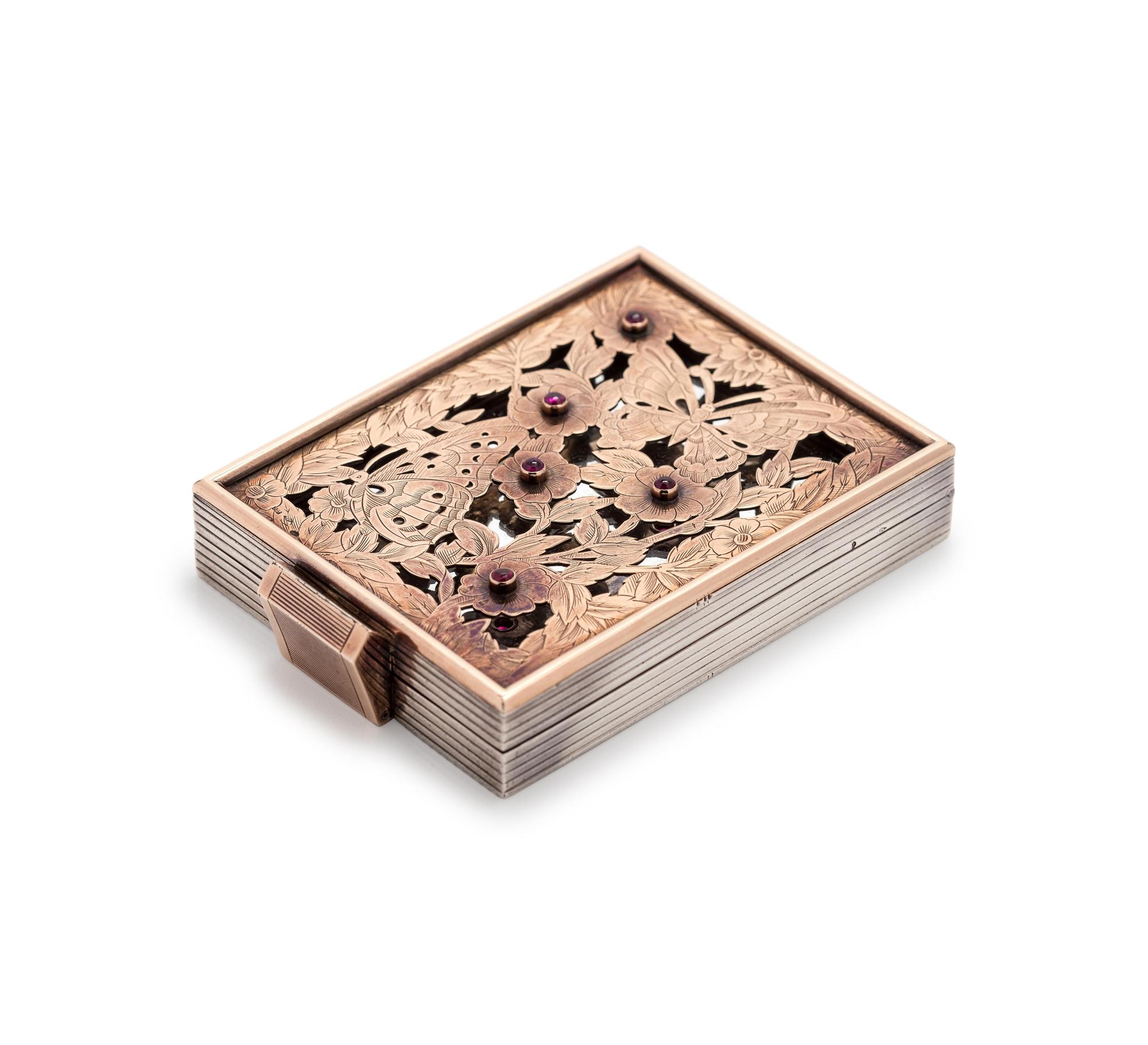 Boucheron, Sterling Silver, Gold, and Ruby Floral Motif Compact with Carrying Case