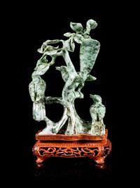 Two Chinese Green and Celadon Jadeite Figural Group of Birds