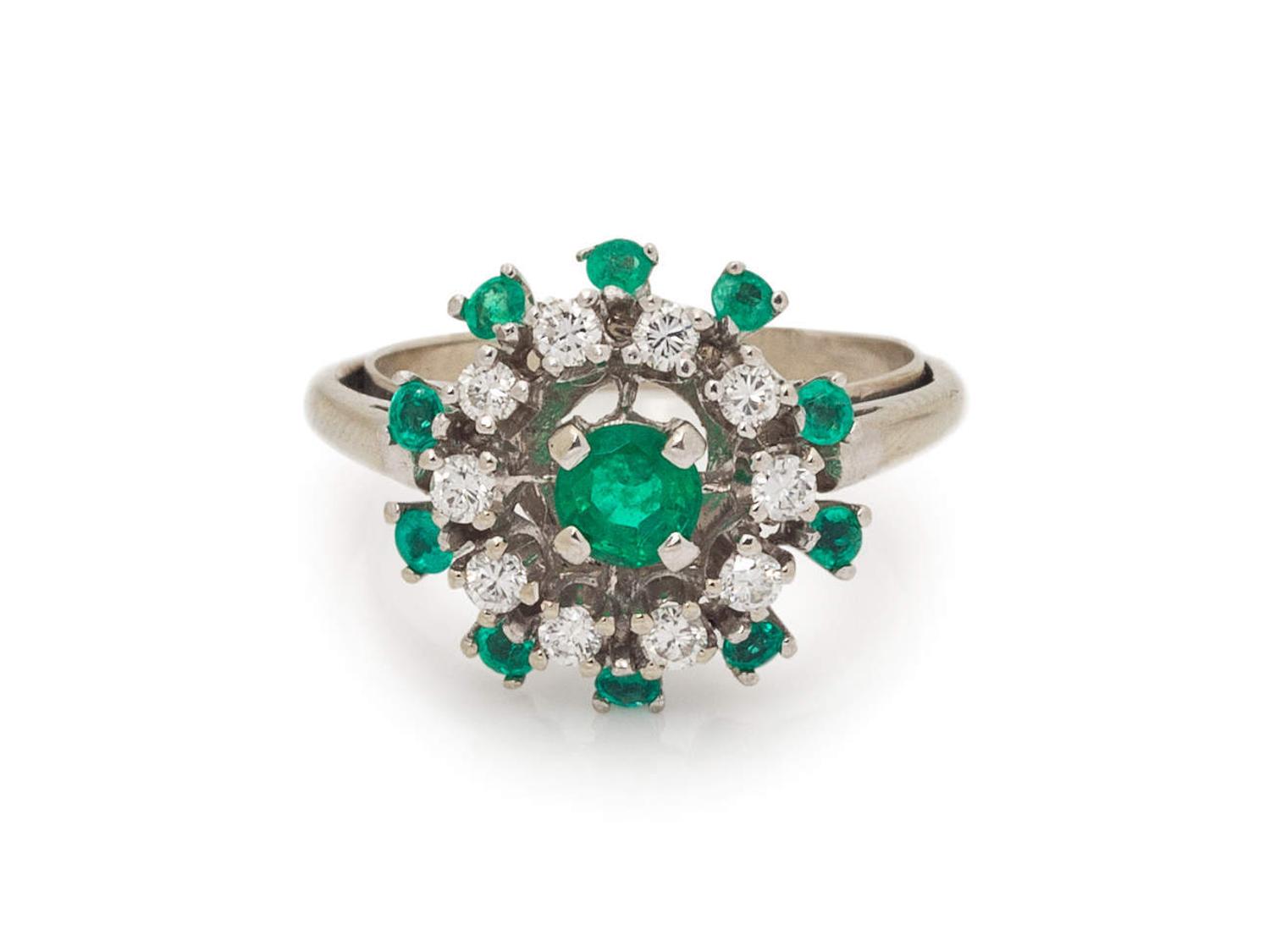 A 14 Karat White Gold, Emerald and Diamond Ring,