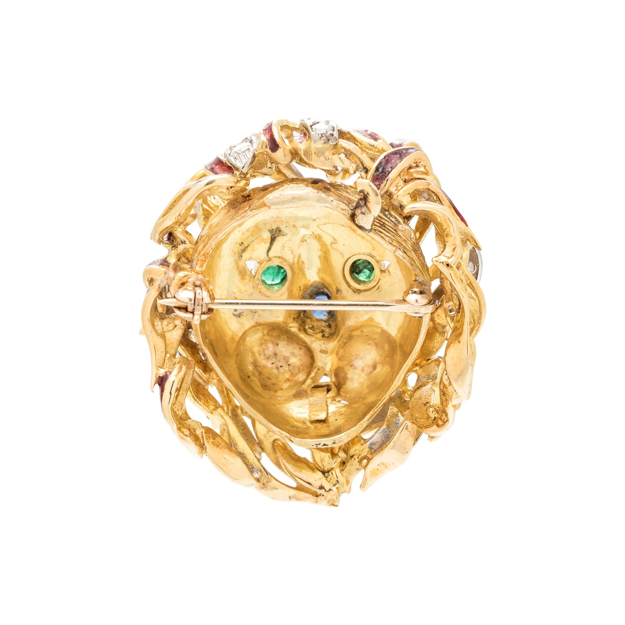 BICOLOR GOLD AND MULTIGEM LION BROOCH