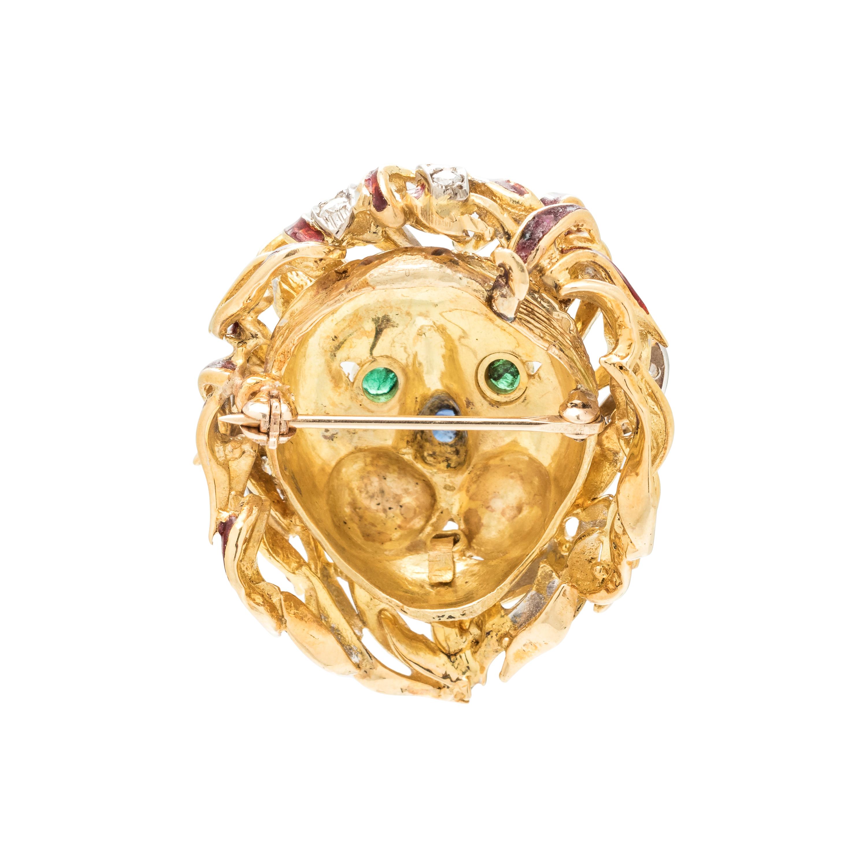 BICOLOR GOLD AND MULTIGEM LION BROOCH