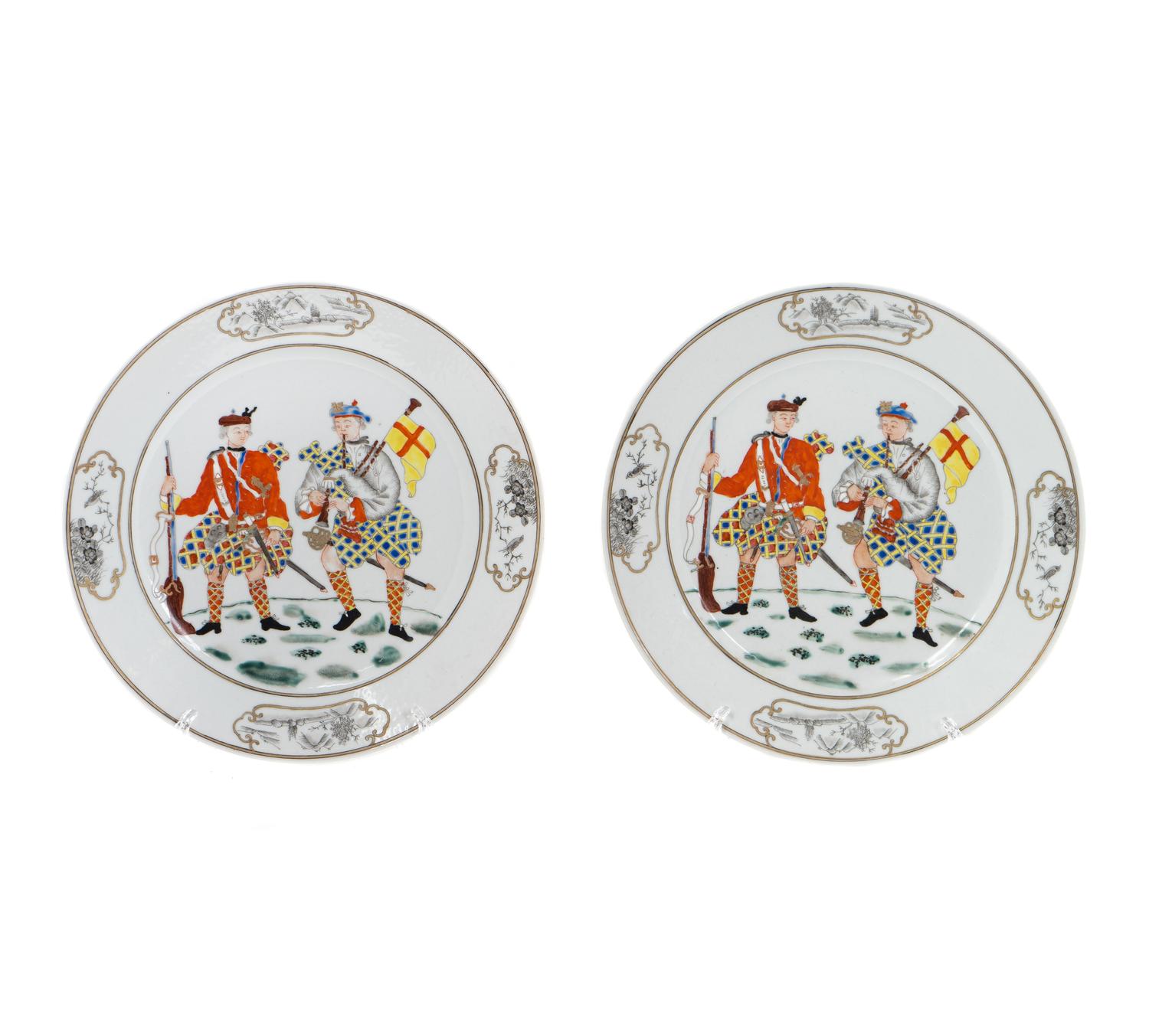 A Pair of Famille Rose Scotsmen or Highlande r Plates — 19TH/20TH CENTURY