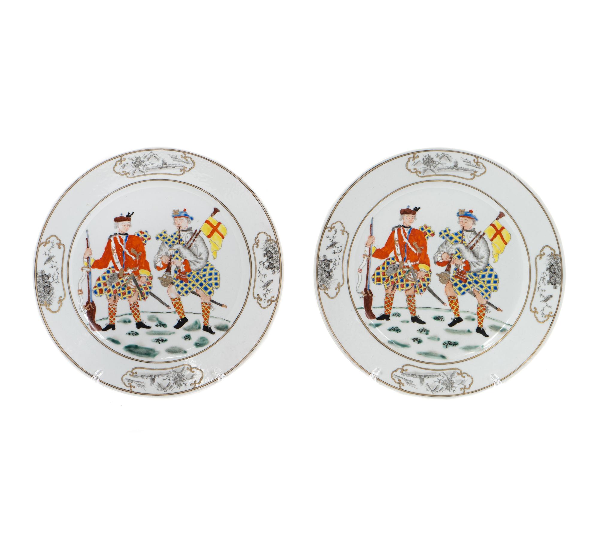 A Pair of Famille Rose Scotsmen or Highlande r Plates — 19TH/20TH CENTURY