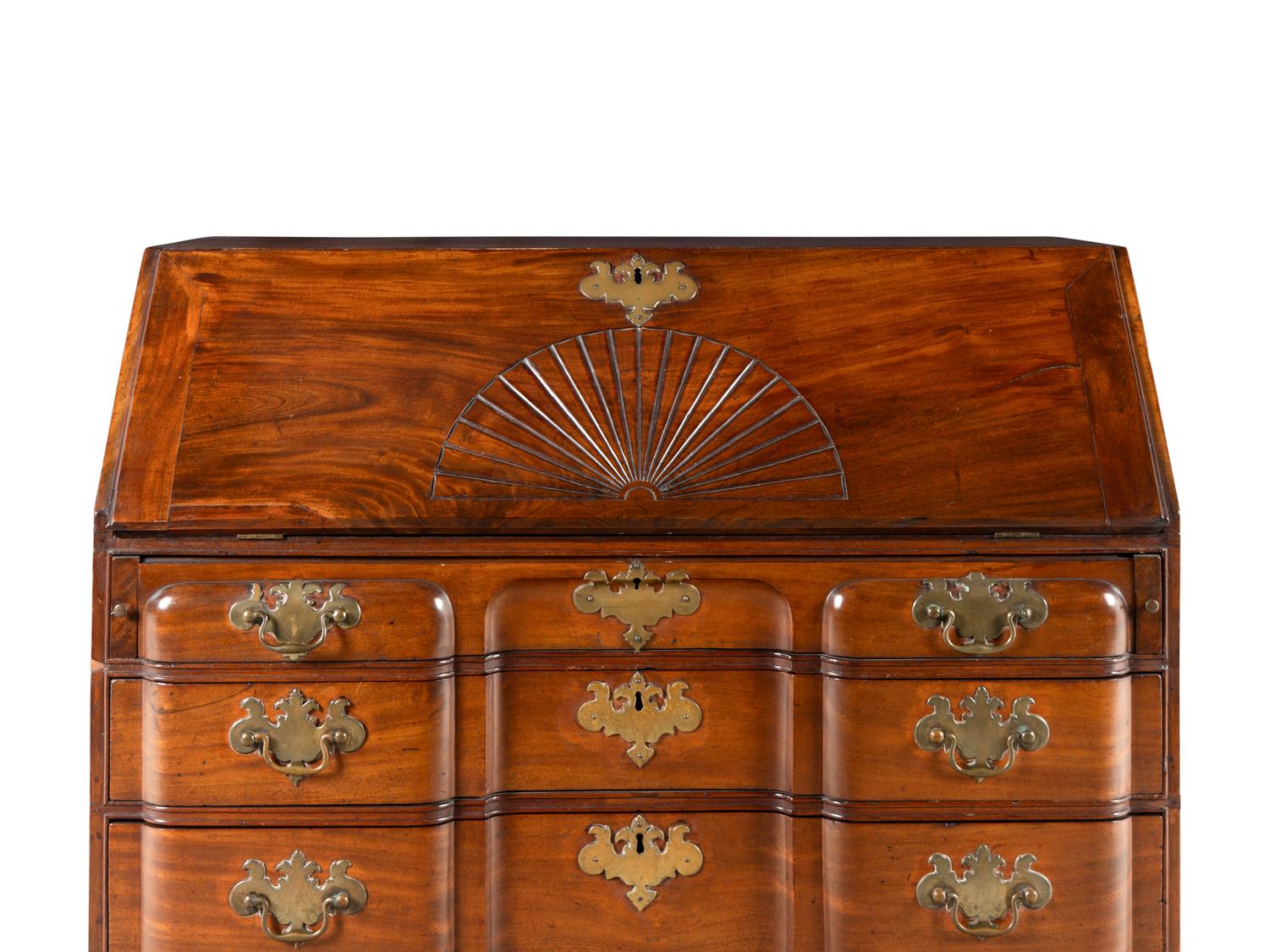A Chippendale Style Mahogany Block-Front Claw and Ball Foot Slant-Front Desk
