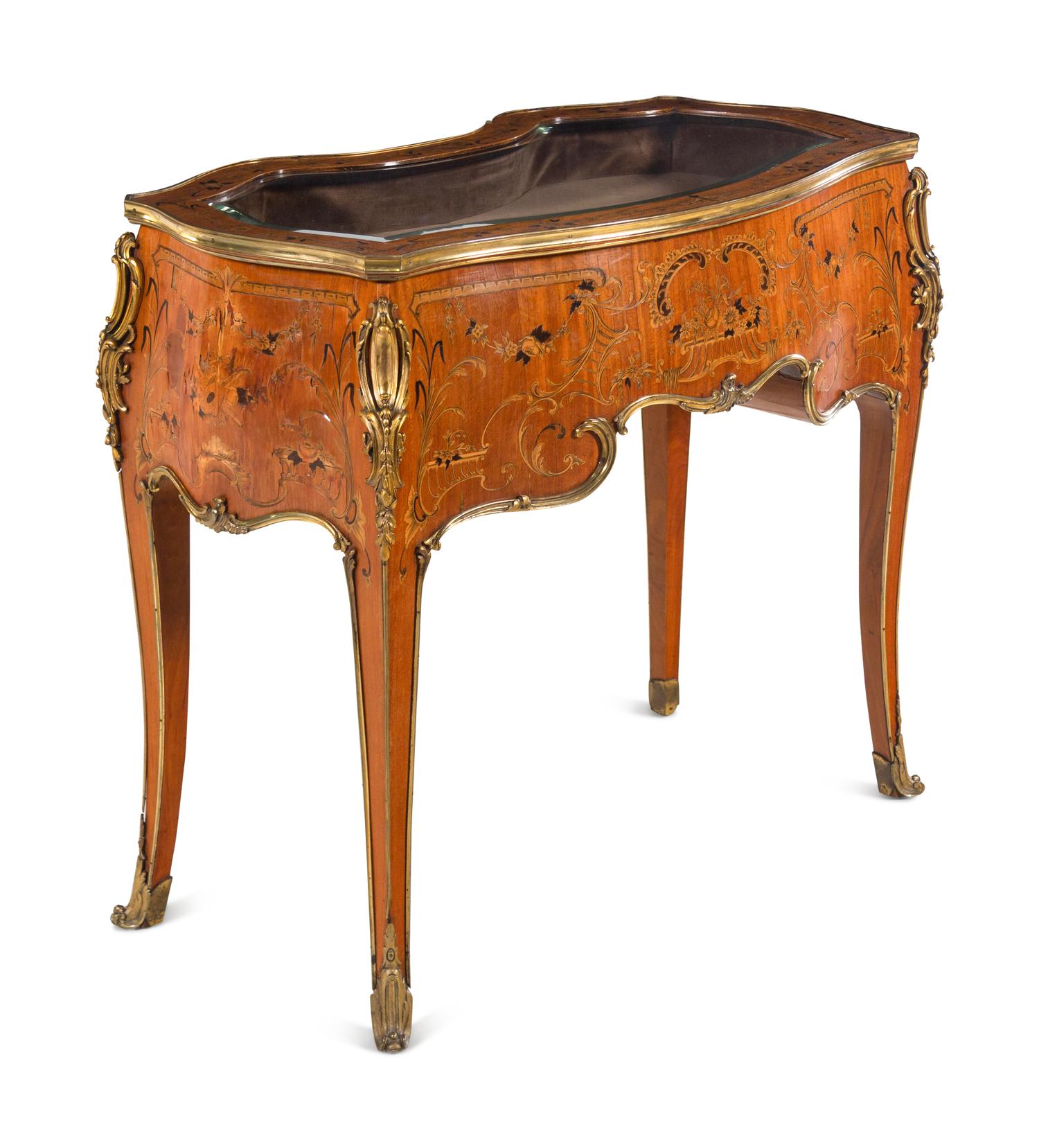 A Louis XV Style Gilt Bronze Mounted Penwork and Marquetry Vitrine Commode
