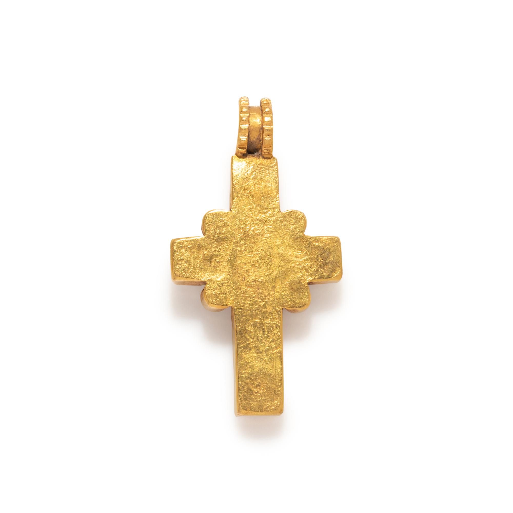 A Byzantine Gold, Carnelian Red and Green Glass Cross Pendant