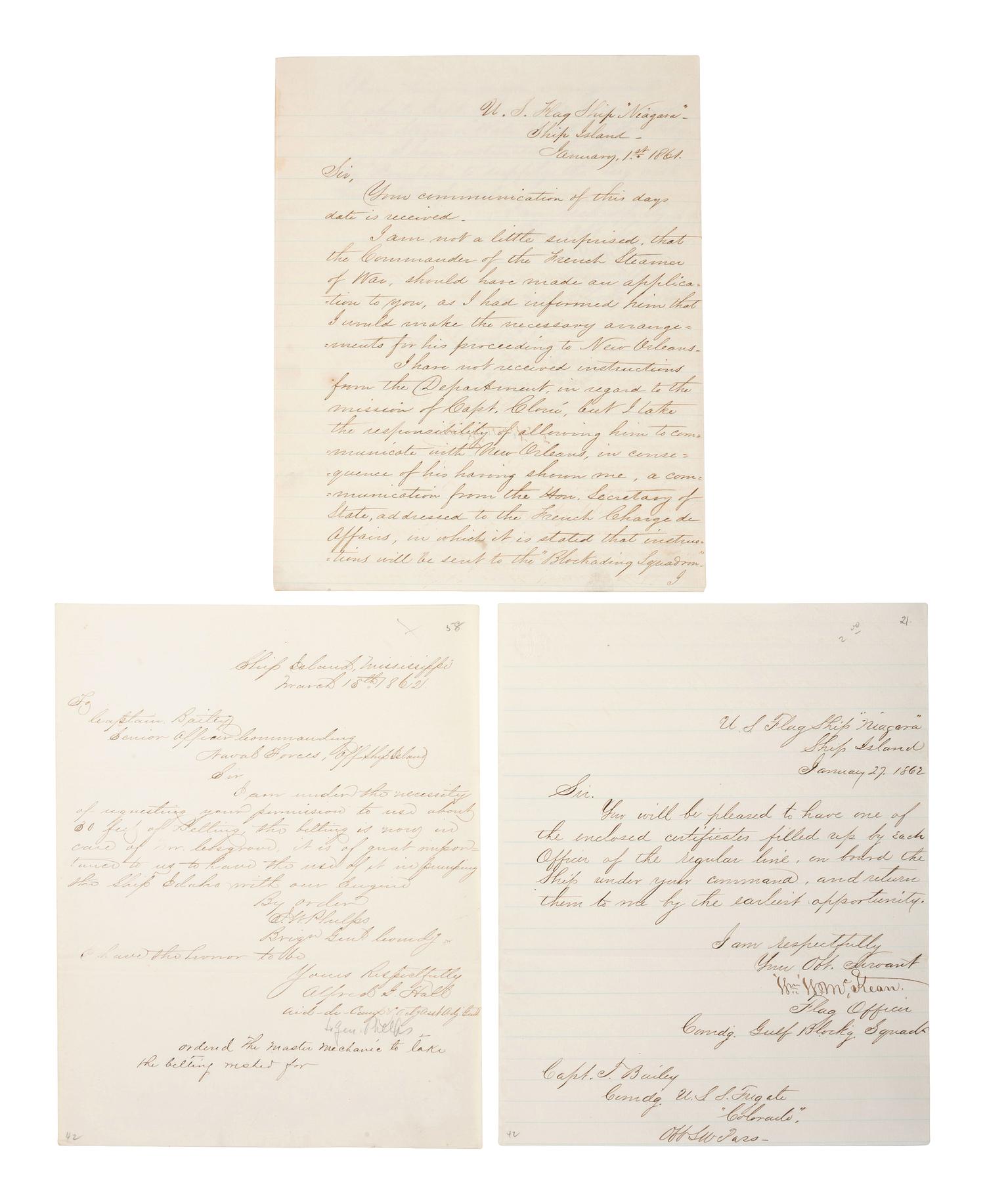 [CIVIL WAR]. A group of documents related to the Gulf Blockading Squadron, including 2 letters signed by William W. McKean (1800-1865) as Flag Officer, US Flag Ship Niagara .