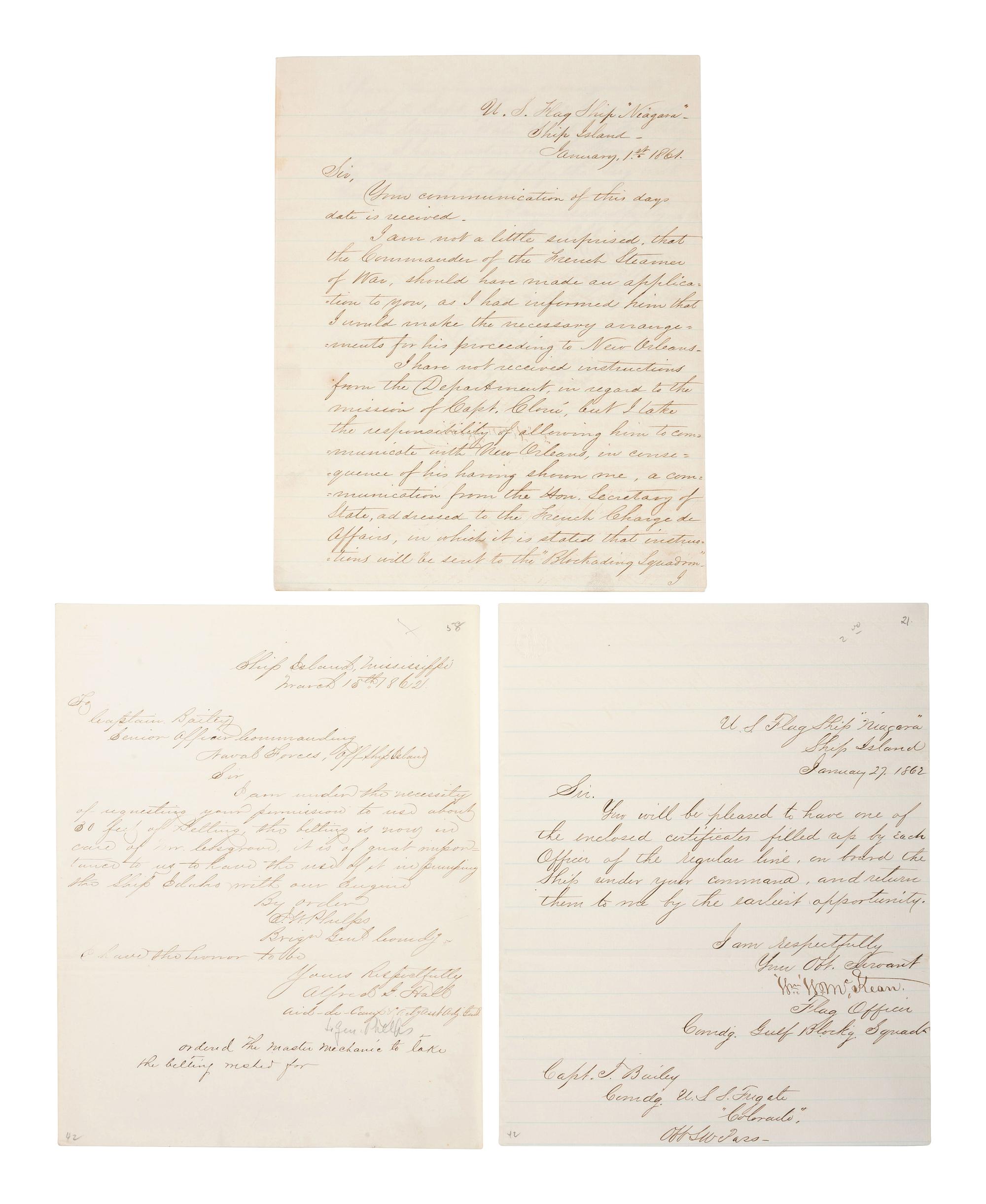 [CIVIL WAR]. A group of documents related to the Gulf Blockading Squadron, including 2 letters signed by William W. McKean (1800-1865) as Flag Officer, US Flag Ship Niagara .