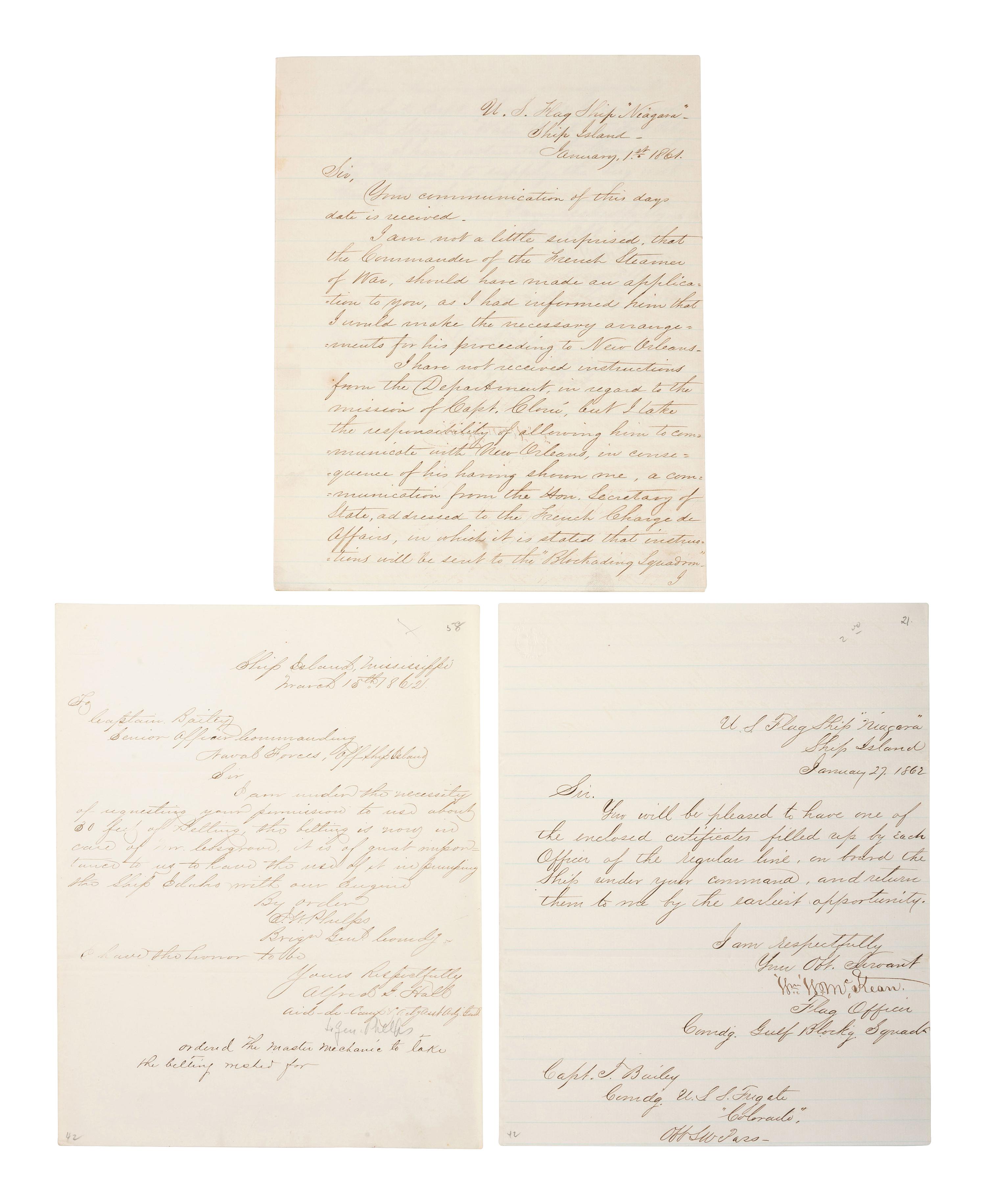 [CIVIL WAR]. A group of documents related to the Gulf Blockading Squadron, including 2 letters signed by William W. McKean (1800-1865) as Flag Officer, US Flag Ship Niagara .
