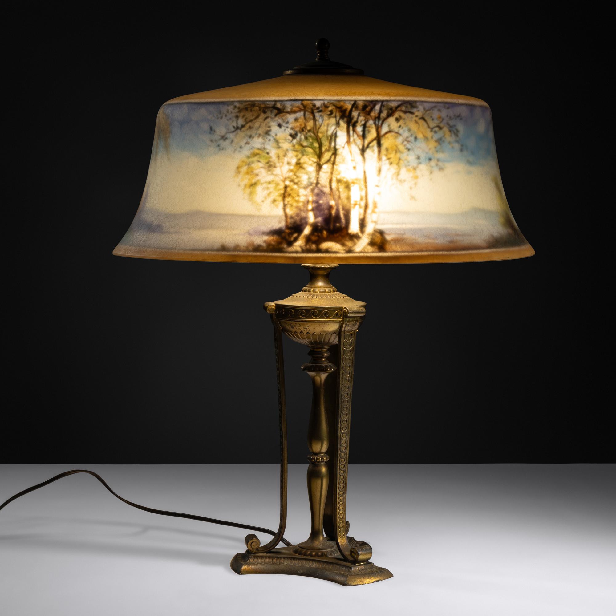 Reverse-painted Exeter lamp, c. 1915 Pairpoint Glass Company, USA