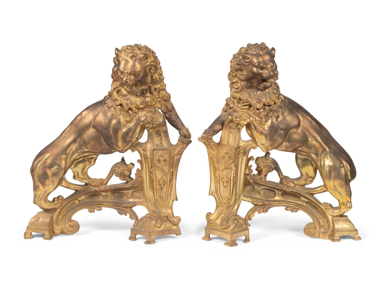 A Pair of English Gilt Bronze Lion-Form Chenets