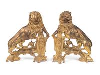 A Pair of English Gilt Bronze Lion-Form Chenets
