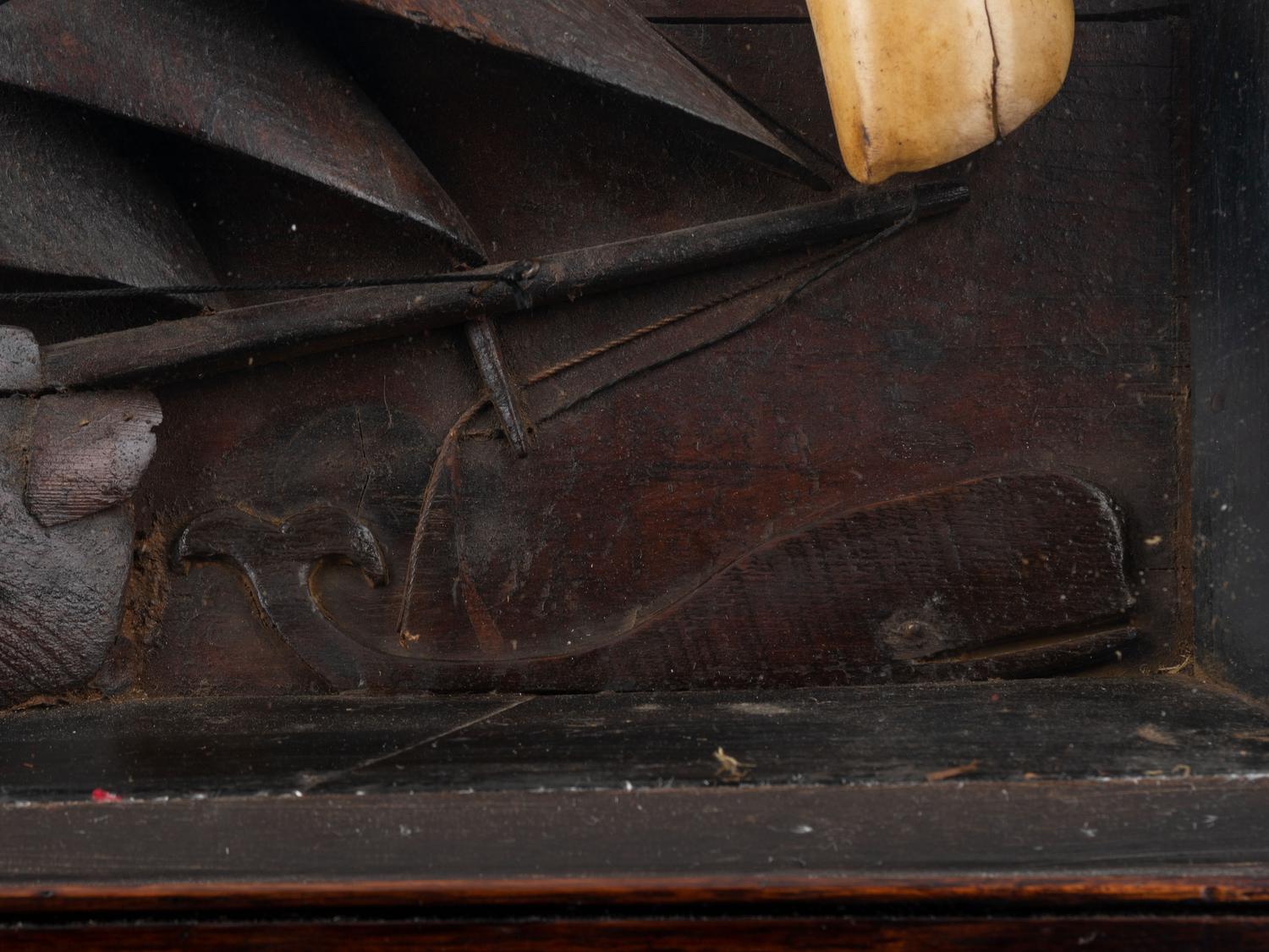 A Carved Wood and Sperm Whale Tooth Whaling Ship Diorama