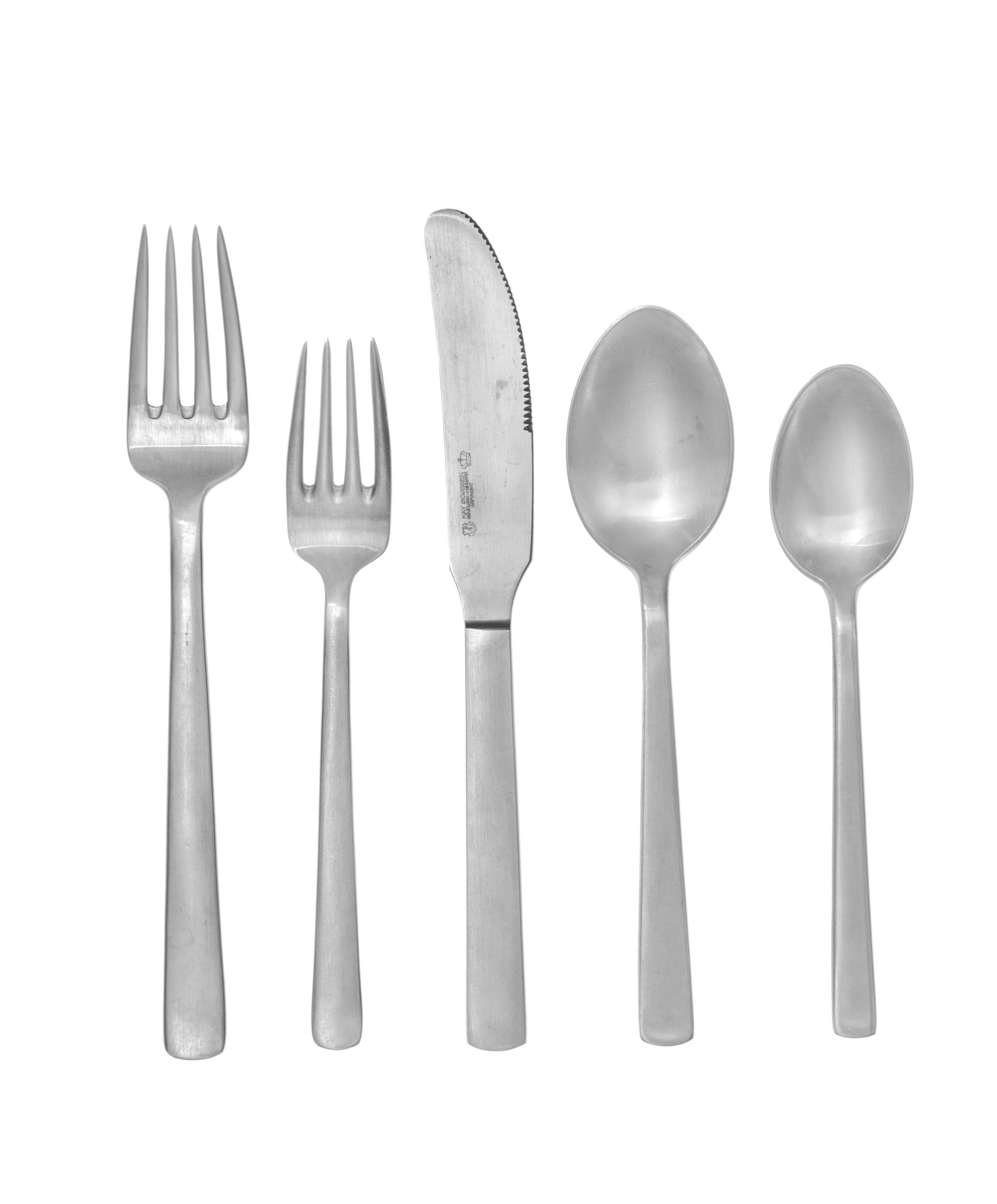 Flatware Service Kay Bojesen Workshop, Denmark Comprising 9 Dinner Forks 9 Salad Forks 9 Dinner Spoons 8 Desert Spoons 9 Dinner Knives 3 Serving Pieces Pair of Salad Servers