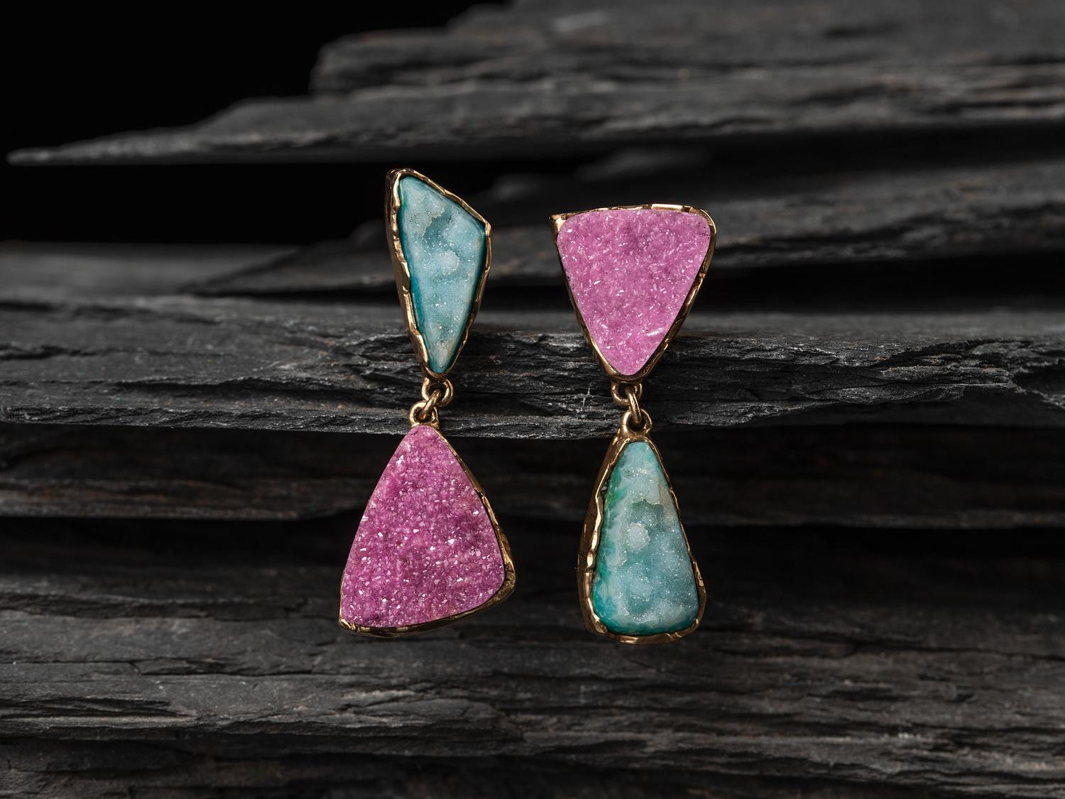14K Gold Post Earrings, set with Druzy Chrysocolla and Cobalto Calcite