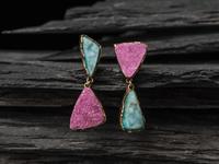 14K Gold Post Earrings, set with Druzy Chrysocolla and Cobalto Calcite
