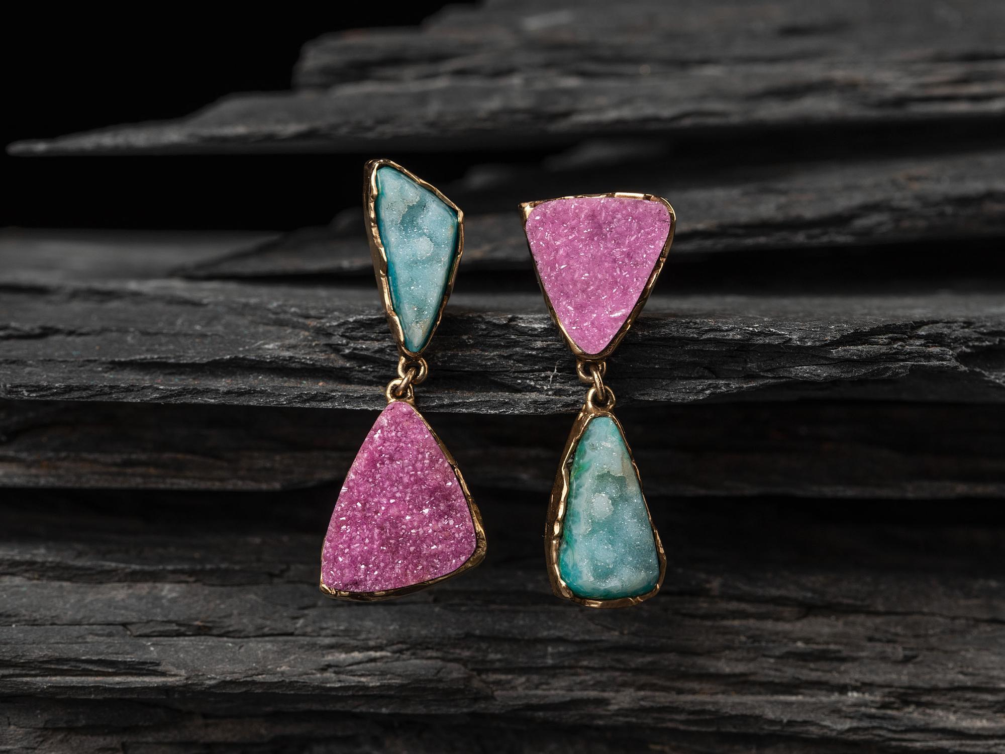 14K Gold Post Earrings, set with Druzy Chrysocolla and Cobalto Calcite