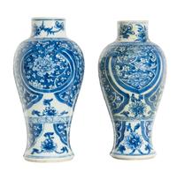 A Near Pair of Chinese Export Blue and White Porcelain Baluster Vases