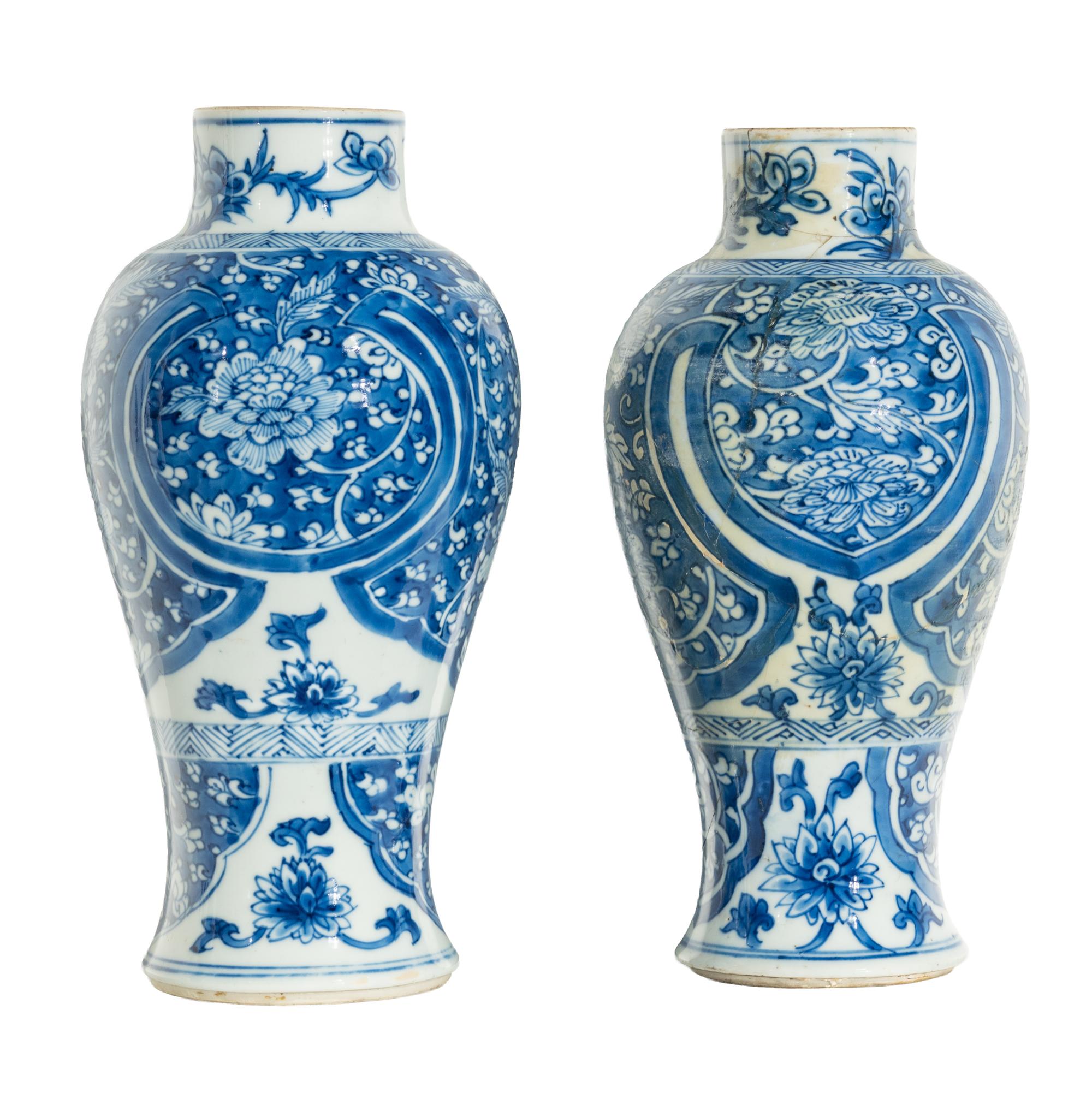 A Near Pair of Chinese Export Blue and White Porcelain Baluster Vases
