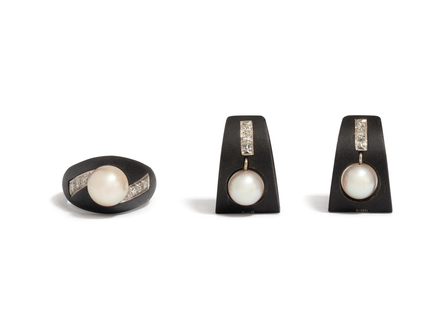 MARSH & CO., BLACKENED STEEL, CULTURED PEARL AND DIAMOND RING AND EARRINGS