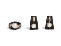MARSH & CO., BLACKENED STEEL, CULTURED PEARL AND DIAMOND RING AND EARRINGS